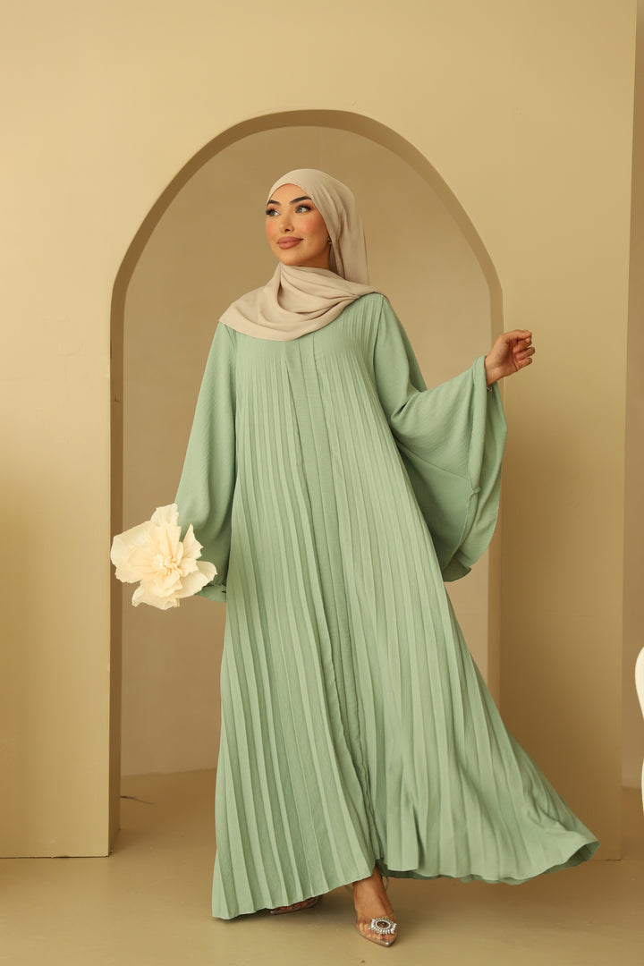 Bloom Plissee Abaya mit Trompetenärmeln in Mint