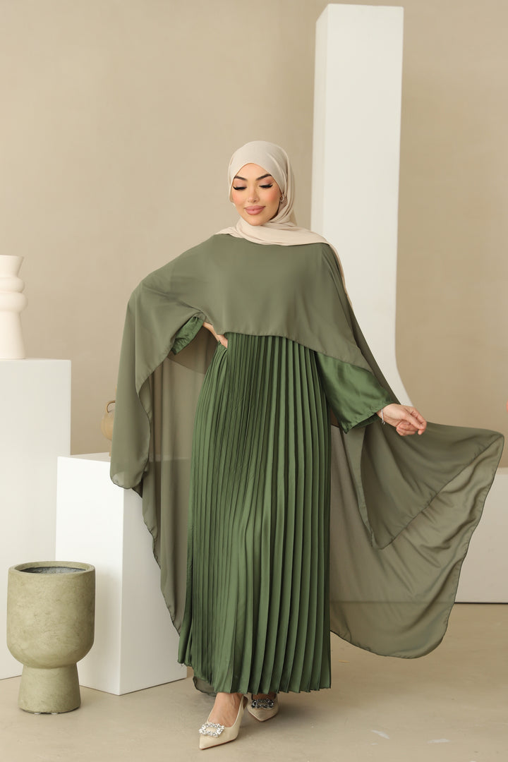 Dunya Plissee Abaya mit Cape in Khaki